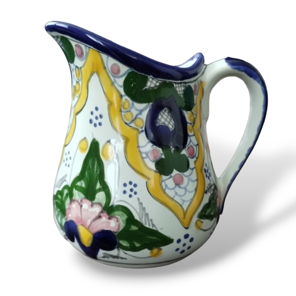 1990s ANSAR Puebla Mexico Hand Painted Talavera Pottery Creamer